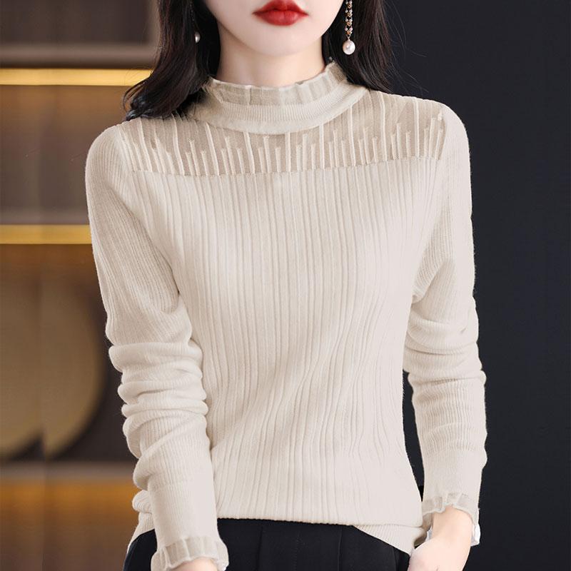 

Всесезонний жіночий светр 50% вовна 50% шовк | Легкий теплий пуловер з суміші | Розкішний кашеміровий шовковий трикотаж XL бежевий