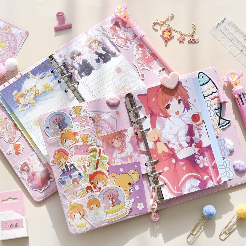 Cute Pink Sakura Anime Loose-Leaf Diary Notebook Colorful Pages Spiral 6 Holes Binder Notebook Journals Planner Stationery Set Quality