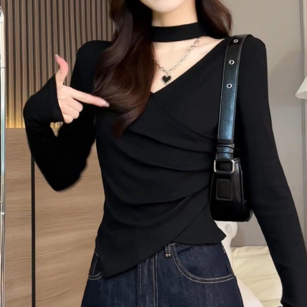 Women's Plus Size V-Neck Pleated Long-Sleeve Top - Stylish Spring/Autumn Slim Fit