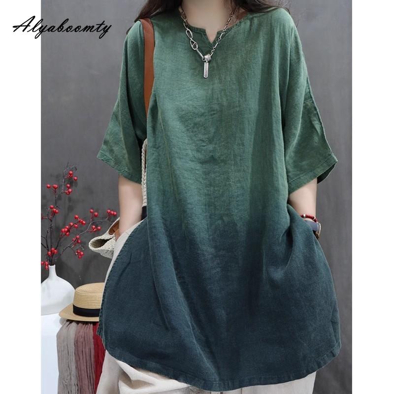 Korean Fashion Plus Size Summer Women Blouse V Neck Contrast Color Purple Green Cotton Loose Shirt Half Sleeve Vintage Baisc Top
