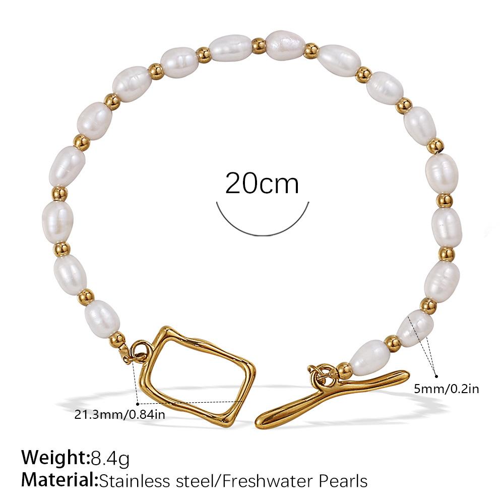 Stainless Steel Freshwater Pearl OT Buckle Necklace Bracelet Set Simple Gold Plated Necklace Bracelet