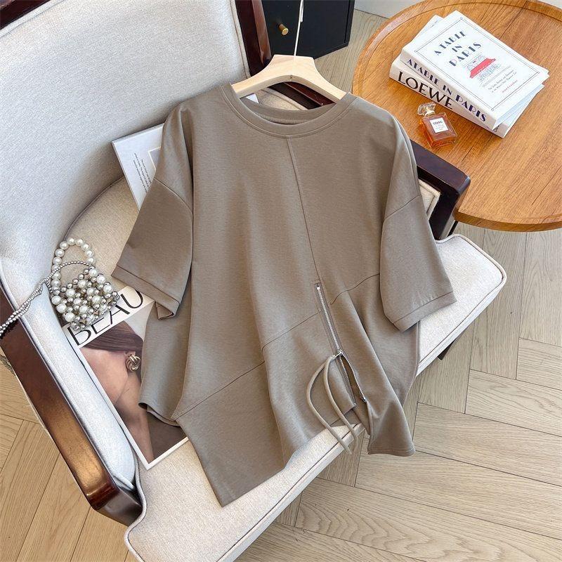 Round Neck Irregular Zipper Slit Top for Women with Summer Temperament