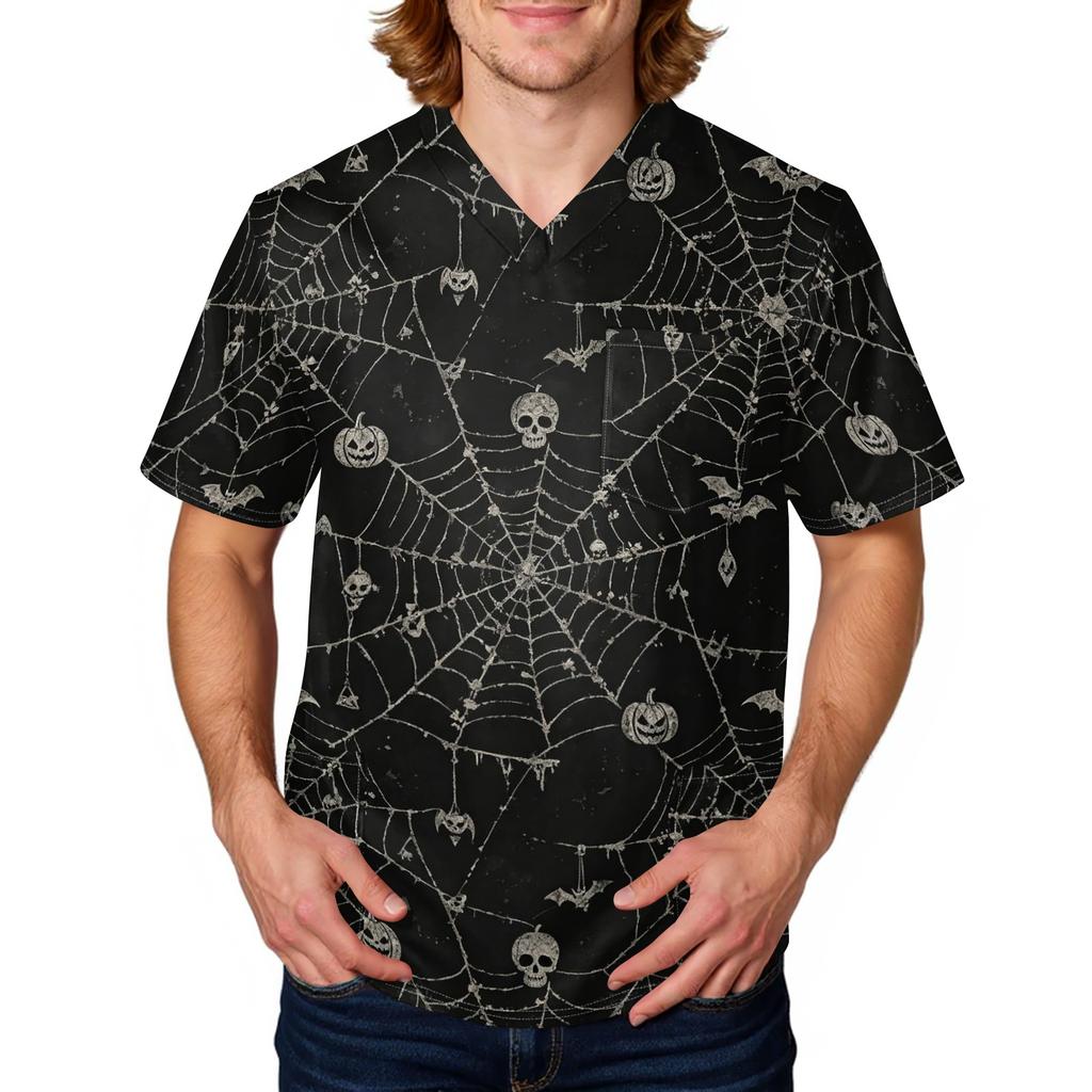 Men's Halloween Print Medical Scrub Top V Neck Tie Pocket Comfortable Fit Workwear for Healthcare Professionals Daily Use