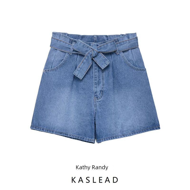 Kaslead New Women Clothes Western Style High Waist Paper Bag Type Denim Leisure Shorts 4730003