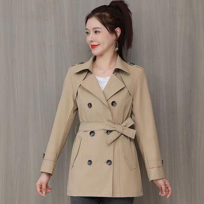 Damen Frühling Stehkragen Langarm Freizeitjacke Zweireihig mit Gürtel Pendler Windbreaker