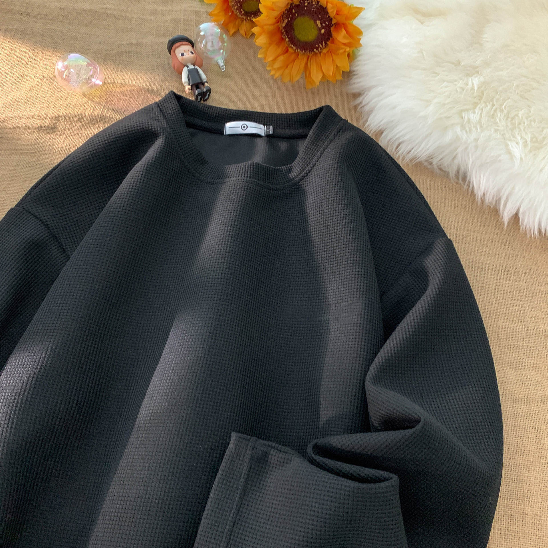 

Шесть цветов осень и зима однотонная вафельная толстовка с круглым вырезом мужская японская свободная повседневная футболка с длинными рукавами большого размера базовая рубашка L чёрный