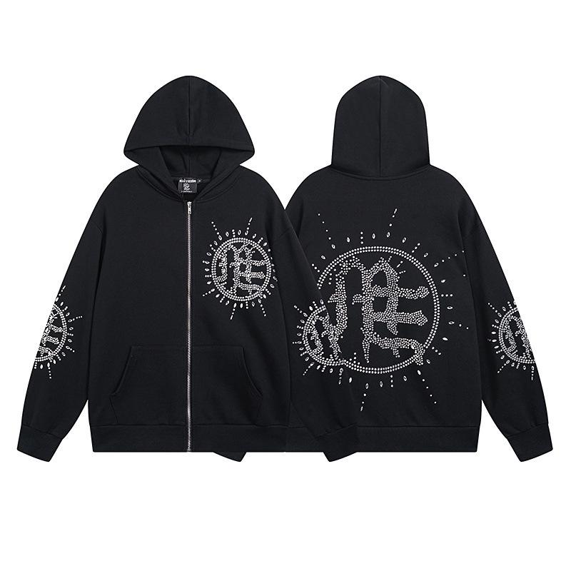 Unisex Rhinestone Zipper Hooded Cardigan & Sweatpants Set with Letter Print.