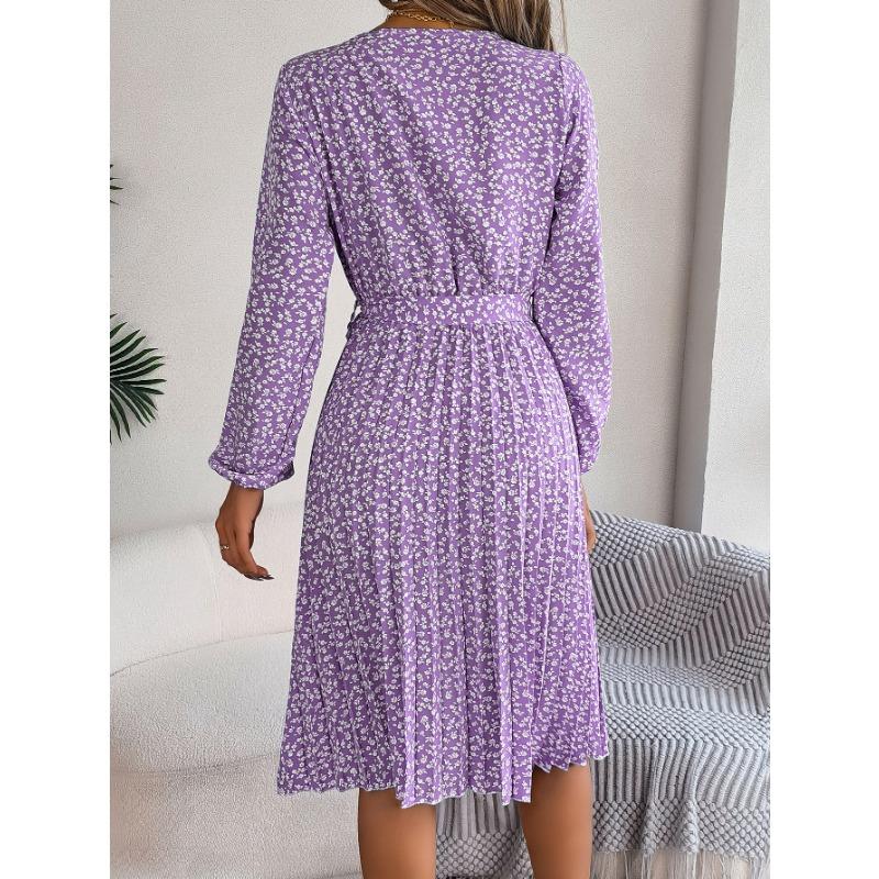Women's Fashion Spring Fall Flower Pattern Print Long Sleeve O-Neck High Waist Casual Dresses