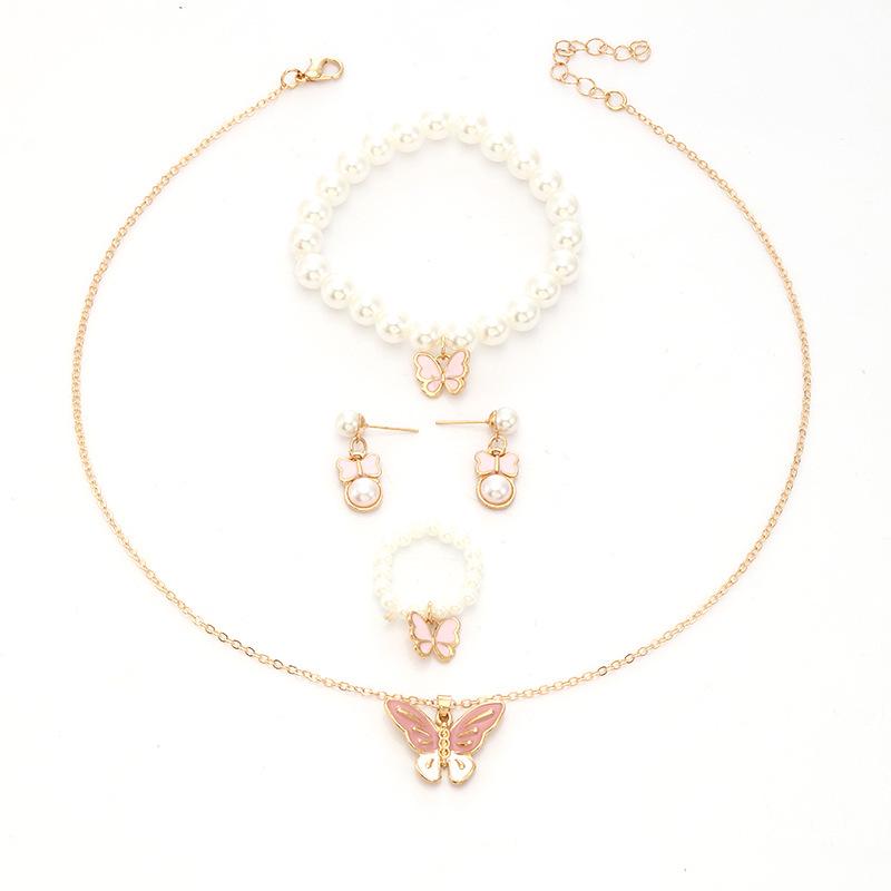 Children's Pearl Alloy Butterfly Necklace & Earring Set - 4-Piece Princess Accessory