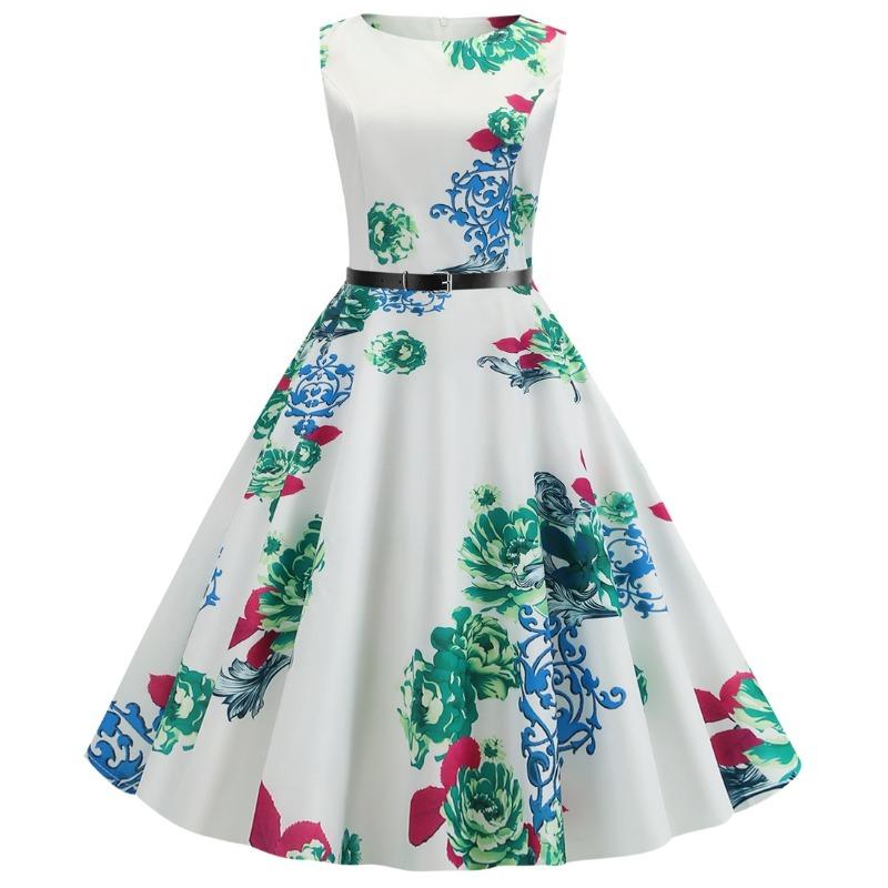 Hot Sale New Retro Crew Neck Sleeveless Printed Slim Swing Dress