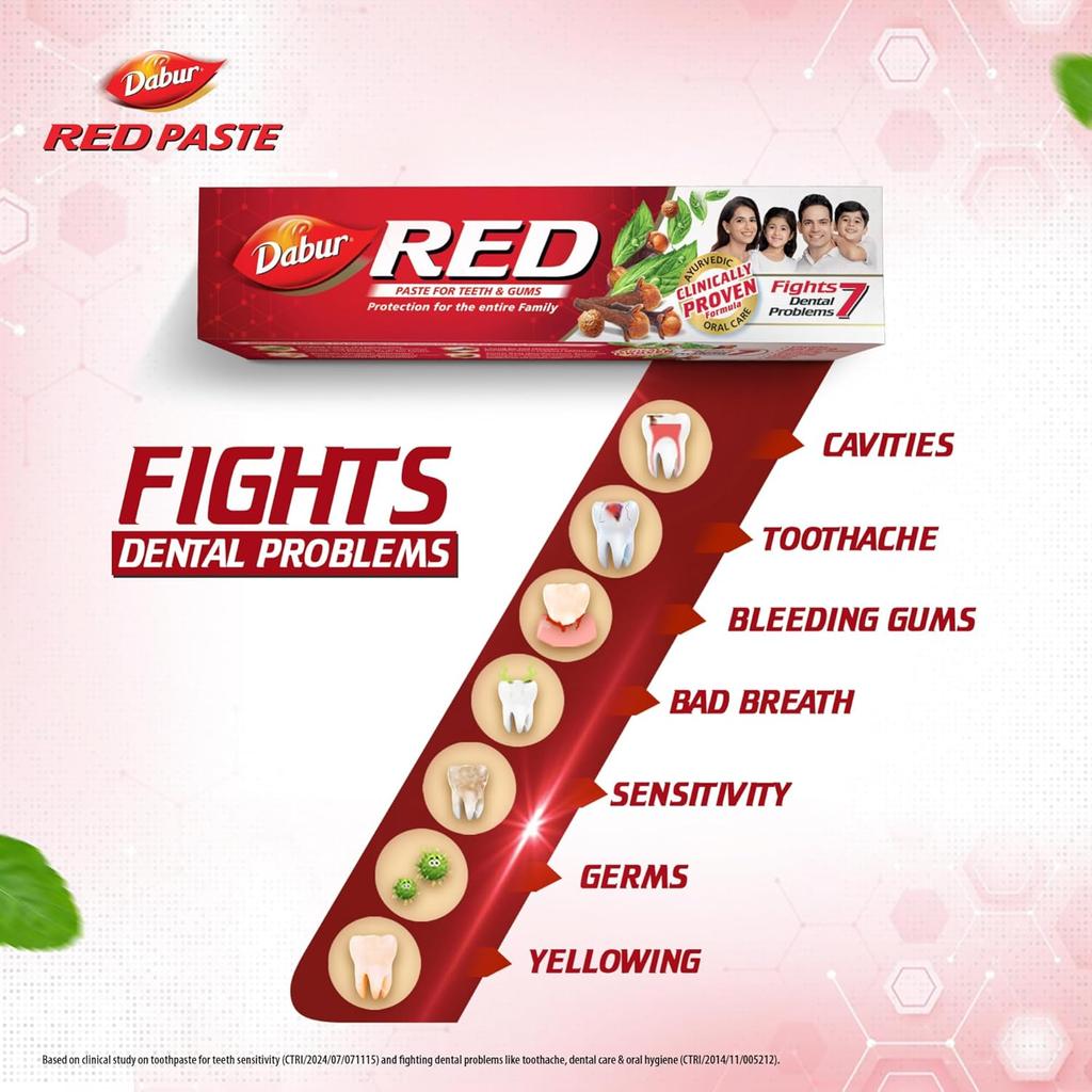 Dabur Red Ayurvedic Toothpaste - 750g (250g x 3) | Germ Protection, Cavity Care, Plaque Removal & Fresh Breath | Fluoride Free Herbal Paste