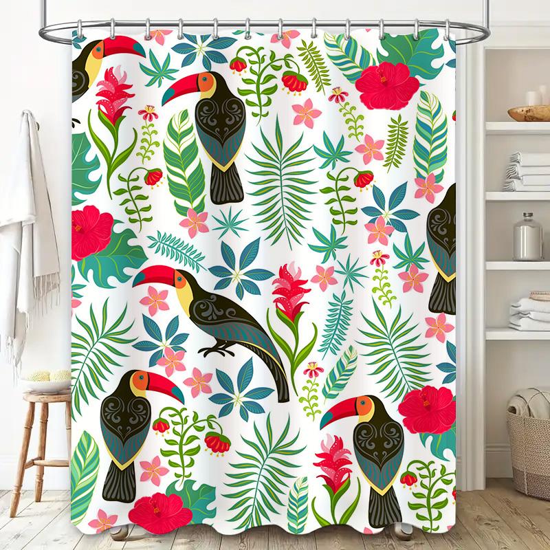 Vibrant Floral Toucan Print Shower Curtain for Bathroom Decor Waterproof Fabric Shower Panels with Hooks Tropical Rainforest The