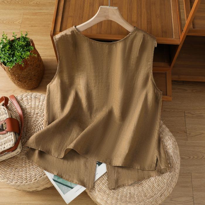 

Cotton and Linen Round Neck Summer Thin Loose Literary Versatile Shirt Sleeveless Top Small Vest 3XL кавовий