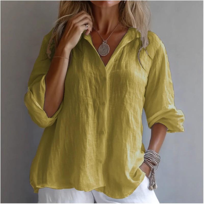 Women's Spring and Summer V-neck Linen Long Sleeved Shirt Solid Color Casual Single Breasted Top