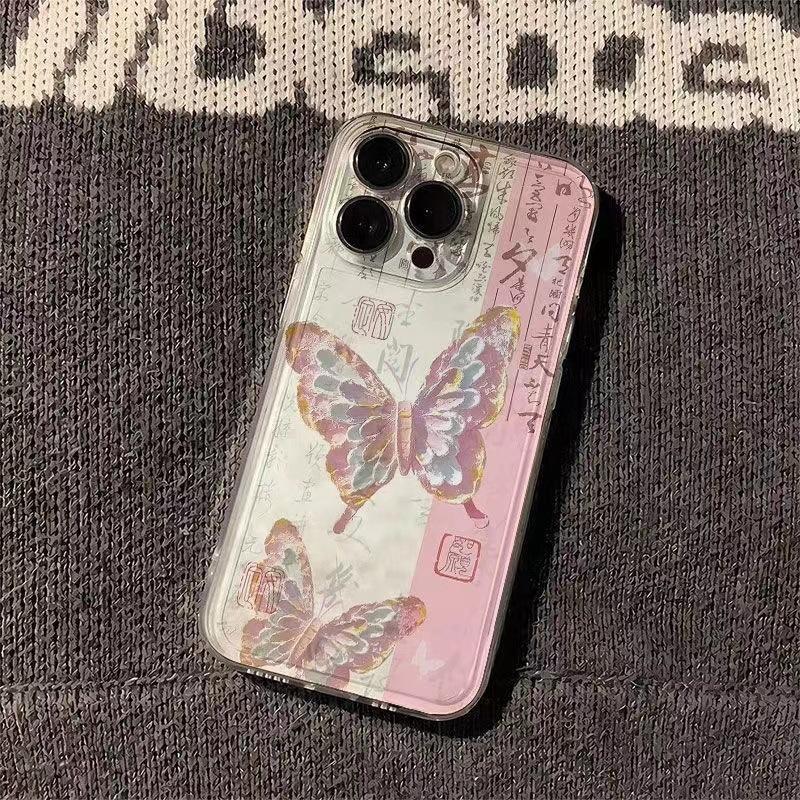 New Chinese oil painting powder butterfly is suitable for 16promax iPhone case iPhone15pro personalized 14plus.