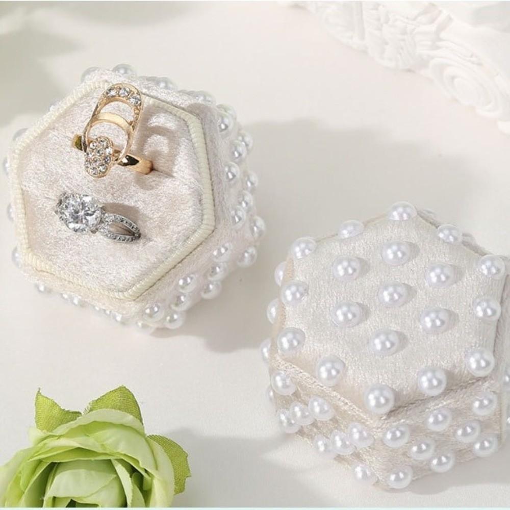 Pearl Velvet Ring Box 2/3 Slots Hexagon Elegant Jewelry Box with Detachable Lid Wedding Decor Rings Display Holder