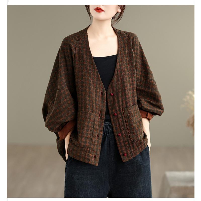 DIMANAF New Plus Size Autumn Women Coat Basic Long Sleeve Jackets Vintage Casual Loose Outerwear Cotton Print
