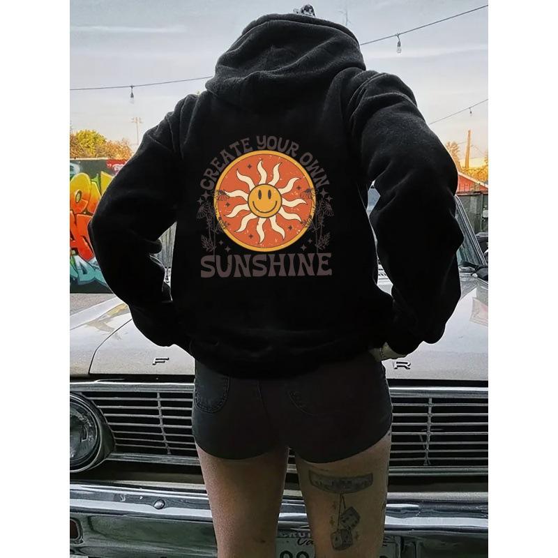 European size shoulder sleeves S---5XL women's fleece sweater plain letter print kangaroo pocket