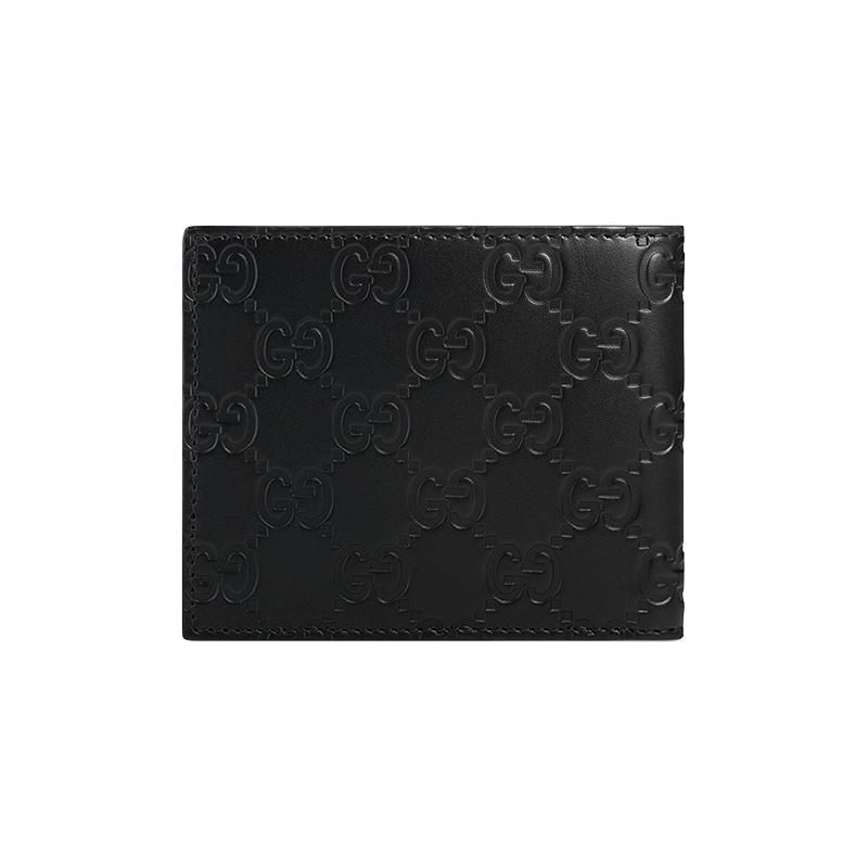 Gucci Silbernes Etikett Double G Logo für Presbyopie Kurzes Bifold Gelochte Leder Geldbörse Herren Schwarz