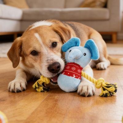 Stuffed Elephant Dog Toy with Rope Arm Squeaky Plush Animal Dog Chew Toy Interactive Tug-of-War Toy for Dogs Teeth Cleaning Puppy Teething