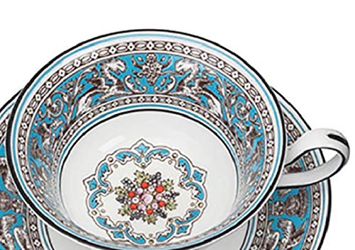 [Officially Imported] Wedgwood Florentine Turquoise Teacup & Saucer Pair with Peony Design, Perfect for Weddings and Gifts, 1053244