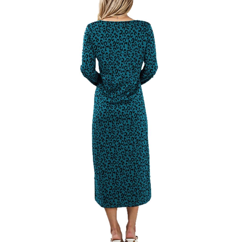 Woman Spring Fall Cocktal Dresses High Waisted Long Sleeves Leopard Printed Round-Neck Vintage Casual Ladies Maxi Dress