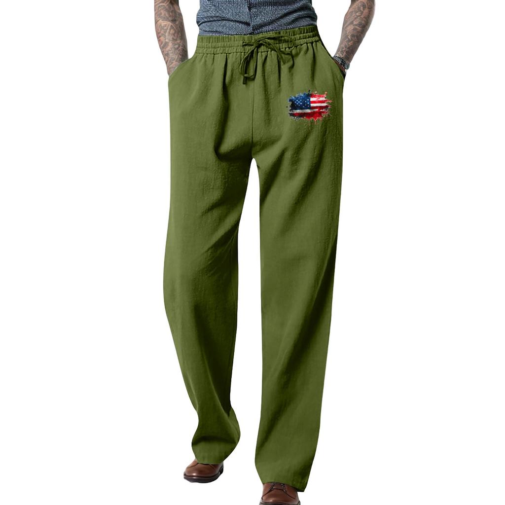 Men's Loose Casual Color Cotton Linen Trousers Elastic Tie Printed Straight Pants