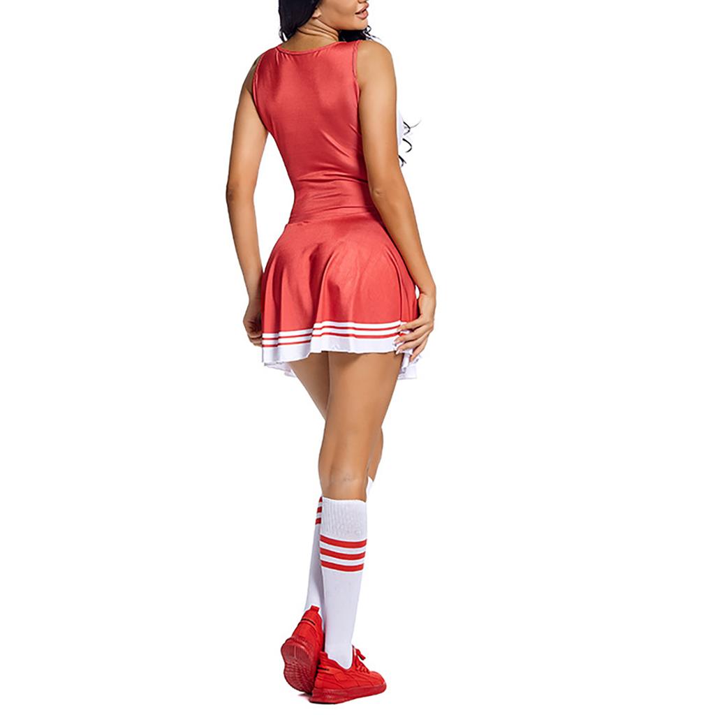 Womens Cheerleading Uniform Dance Costume Schoolgirl Cosplay Outfit Letter Print Sleeveless Dress with Socks Cheering Flower