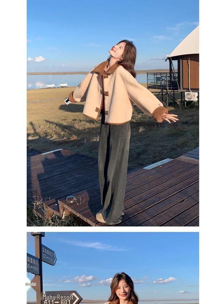 Women's Fashionable Petite Shearling Coat: Thickened, Reversible with Fur and Suede-Like Fabric, Short Anti-Suede Plush Top