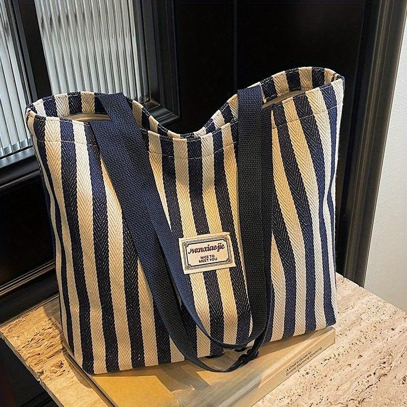 Полосатая Сумка-тоут Простая Модная Большая Вместимость Полосатая Сумка-тоут Повседневная Одноплечевая Школьная Сумка - Универсальная Сумка-тоут для Поездок на Работу для Женщин синий
