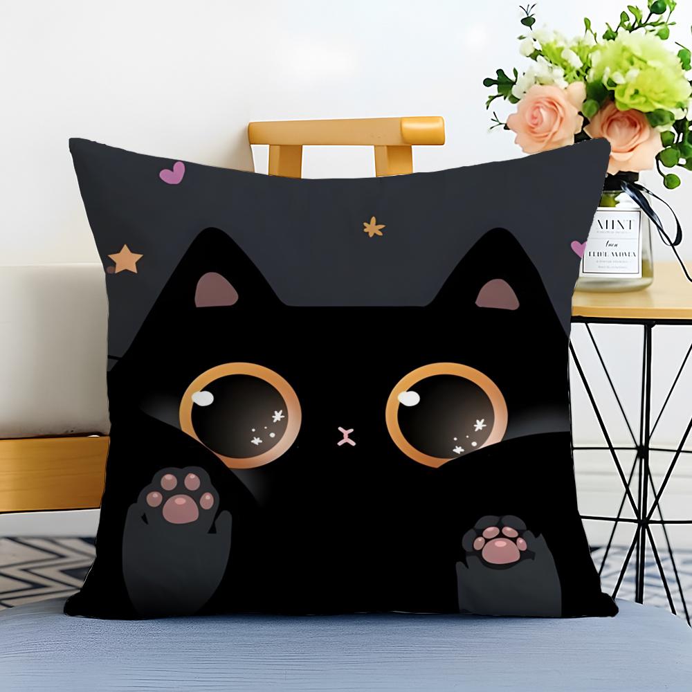 Cute cartoon little black cat Cushion Cover Washable Linen comfort Soft  for Sofa Bed Cozy Home Room Decor