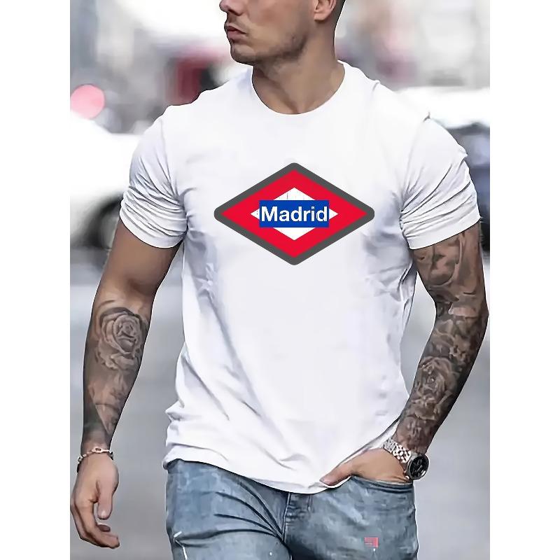 

European sizes Cool Y2K Street Style Men S Short Sleeve T-Shirt | Madrid Letter Design, Soft And Comfortable, Casual Fashion Crew Neck 4XL білий