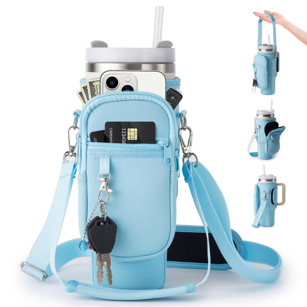 Water Bottle Carrier Bag for 30/40 oz Tumbler with Phone Pocket and Adjustable Strap for Walking Hiking Camping Travelling