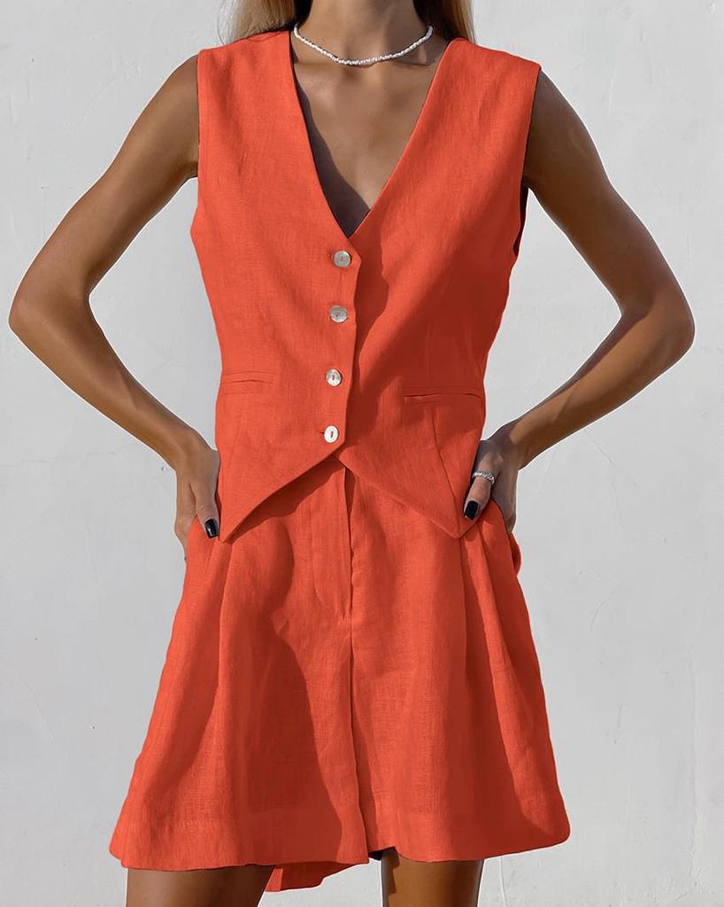 2025 Euro-American Style Cotton Linen Women's Sleeveless Vest & Shorts Set - Summer Casual Two-Piece