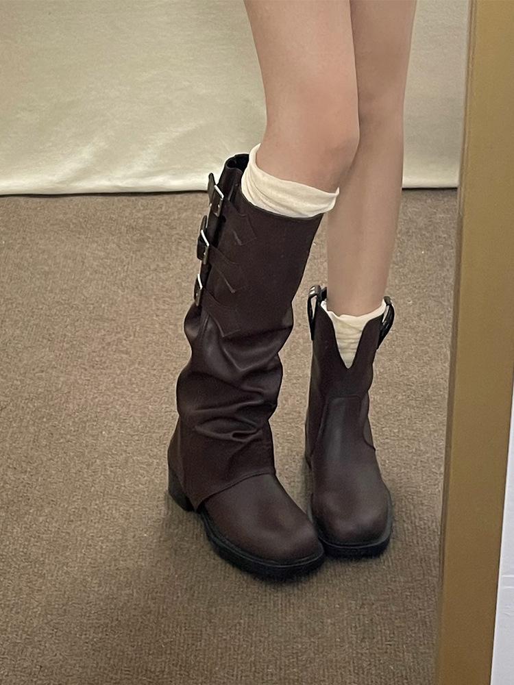 Fashion Women Pointed Toe Chelsea Boots Knee High Mid Heels Chunky Pleated Shoes Designer New Motorcycle Boots Pumps Sexy Mujer Zapatos