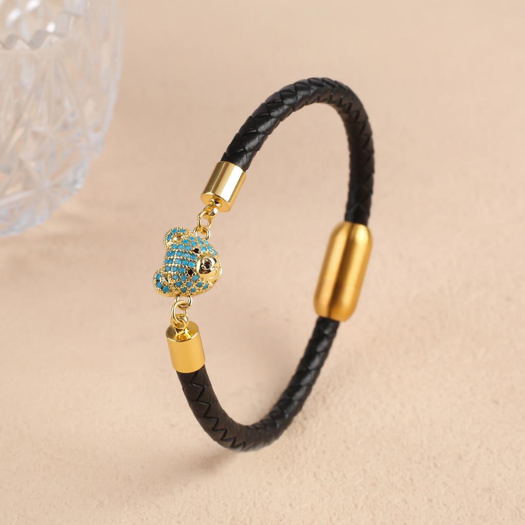 6 Colors Cute Zirconia Animal Bear Leather Braided Bracelet Classic for Man Woman Party Daily Wear Stainless Steel Jewelry Gift