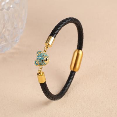 6 Colors Cute Zirconia Animal Bear Leather Braided Bracelet Classic for Man Woman Party Daily Wear Stainless Steel Jewelry Gift
