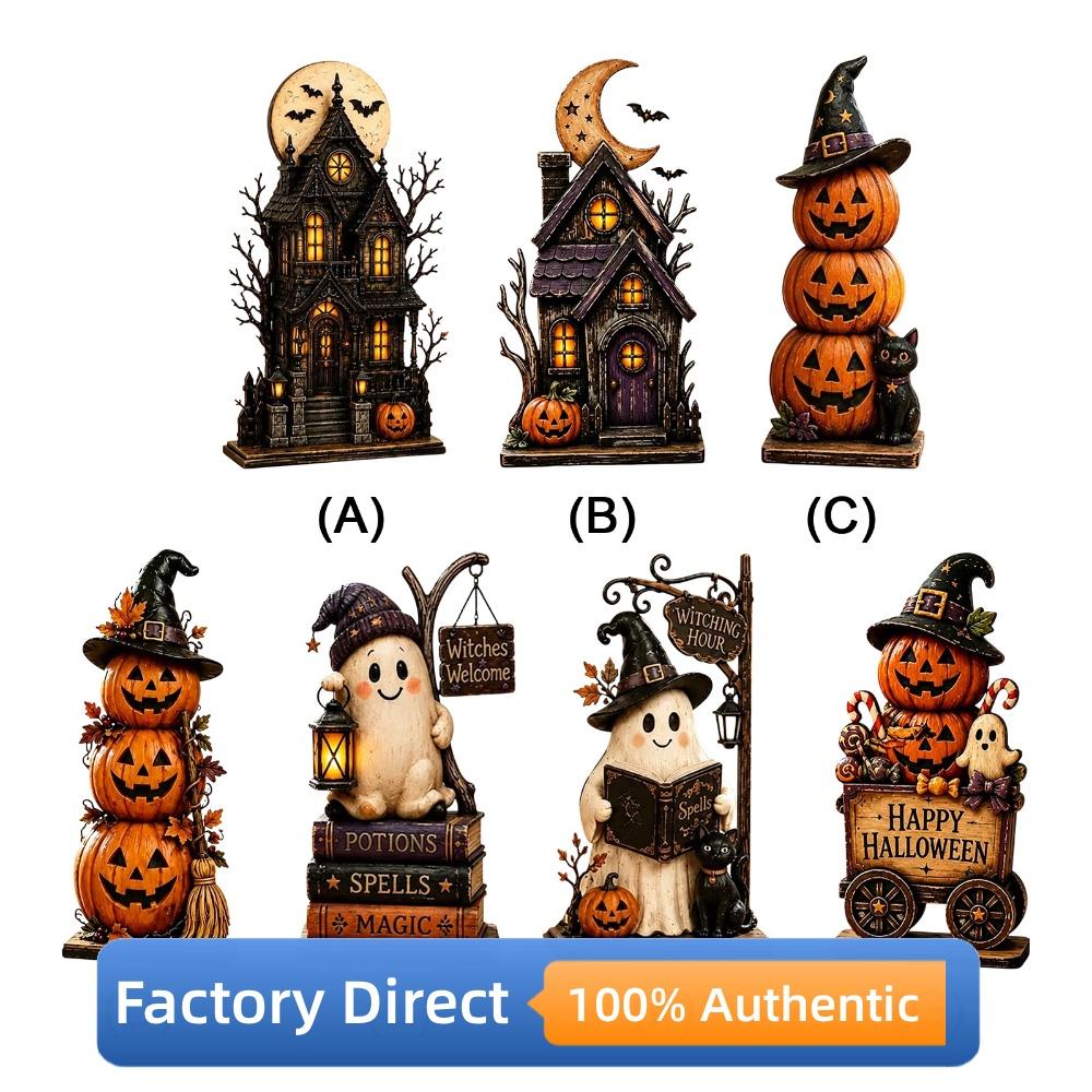 Halloween Tabletop Decor Wooden Signs, Haunted House & Pumpkin Stack, Spooky Festival Ornament