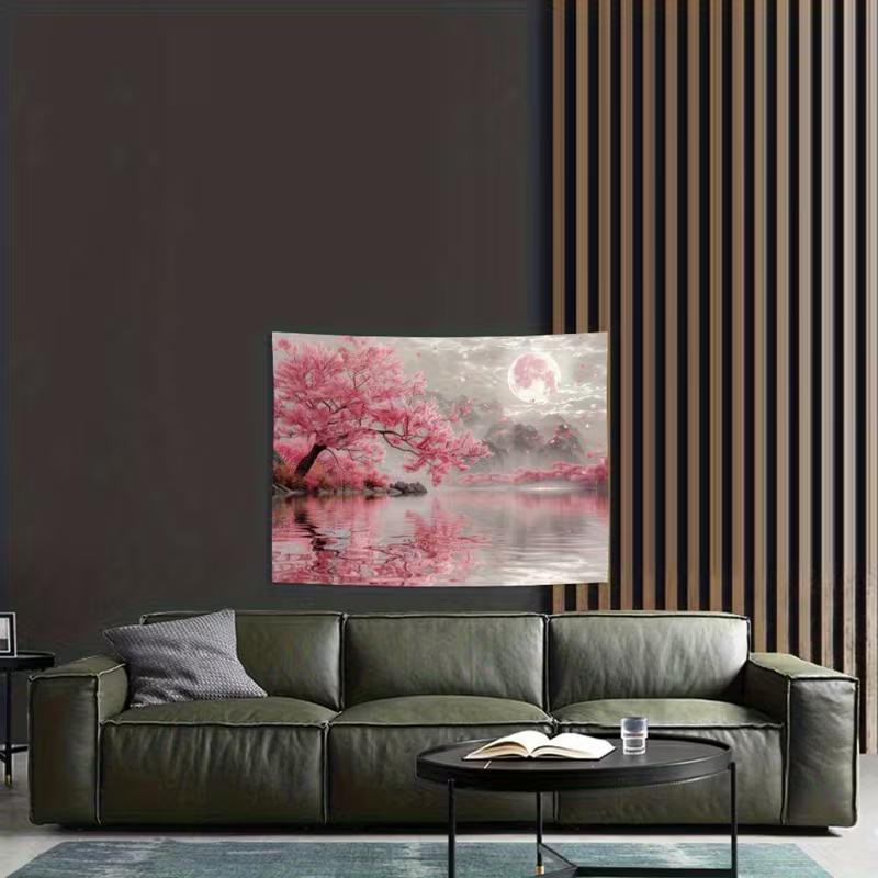Pink Cherry Blossom Scenery Backdrop Japanese Style Lake Sakura Background for Wedding Photoshoot