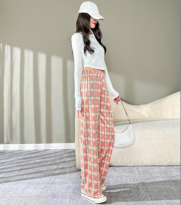 

Жіночі весняні рожеві картаті піжамні штани з високою талією та широкими штанинами One Size【80-140jin】