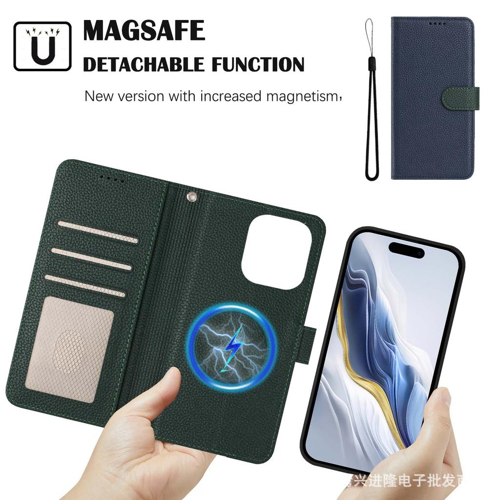Applicable To iPhone17 Leather Case Samsung S25 Lychee Pattern Splicing Contrasting Color Split Magnetic Attraction Two-in-one Google 10Pro
