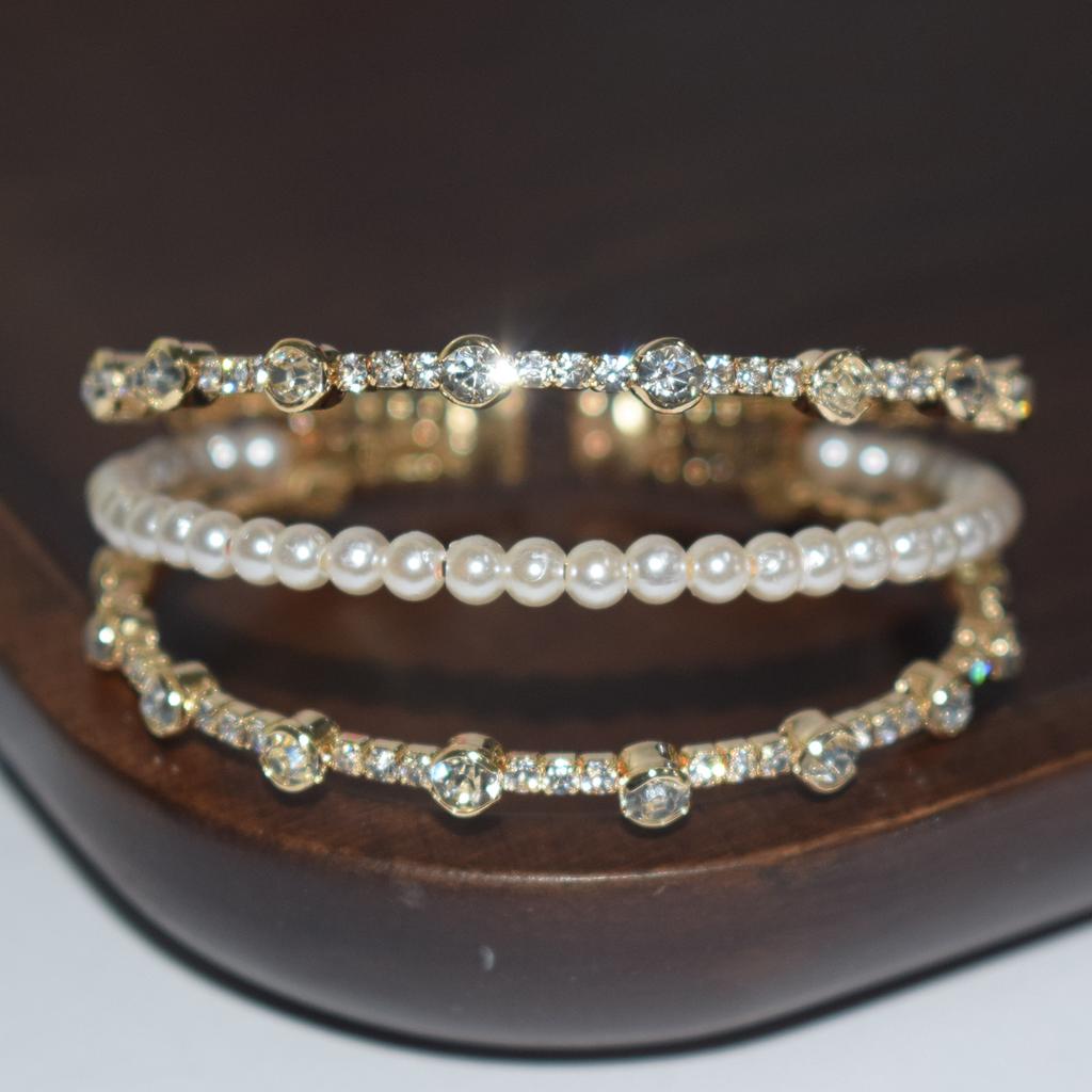 Europe and America Cross Border Women's New Exquisite Elegant Multi-Row Pearl Rhinestone Open-Ended Bracelet Bridal Wedding