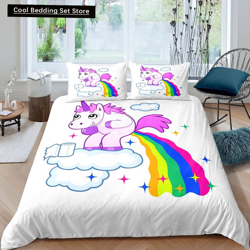 Kids Unicorn Stars King Queen Duvet Cover Cartoon Magic Animal Bedding Set Rainbow Shiny Quilt Cover Polyester Comforter Cover