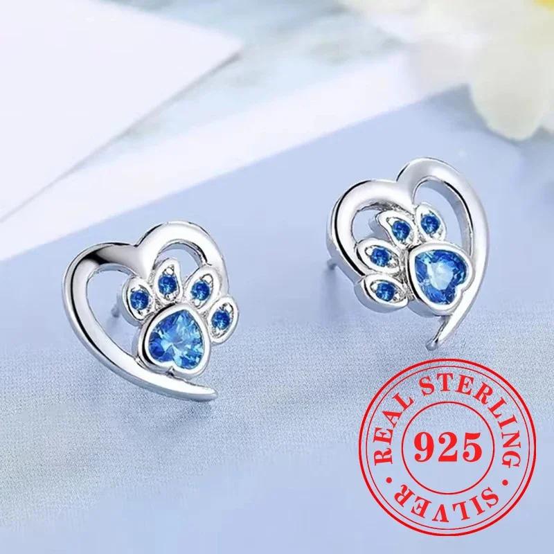 Sweet Shiny White CZ Heart Pierced Earrings for Girls  Sterling Silver Cute Pet Paw Prints Jewelry Daily Party Jewelry