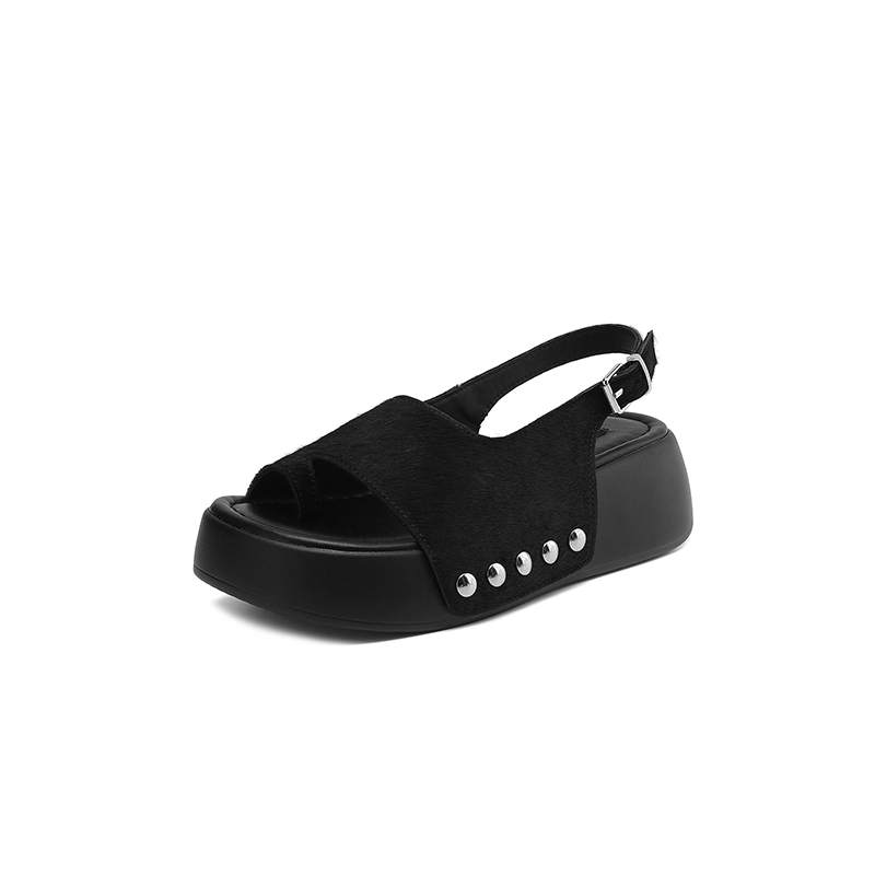 Krazing Pot Horsehair Natural Fur Summer Size 42 European Design Thick Bottom Flat Platform Women Superstar Peep Toe Sandals