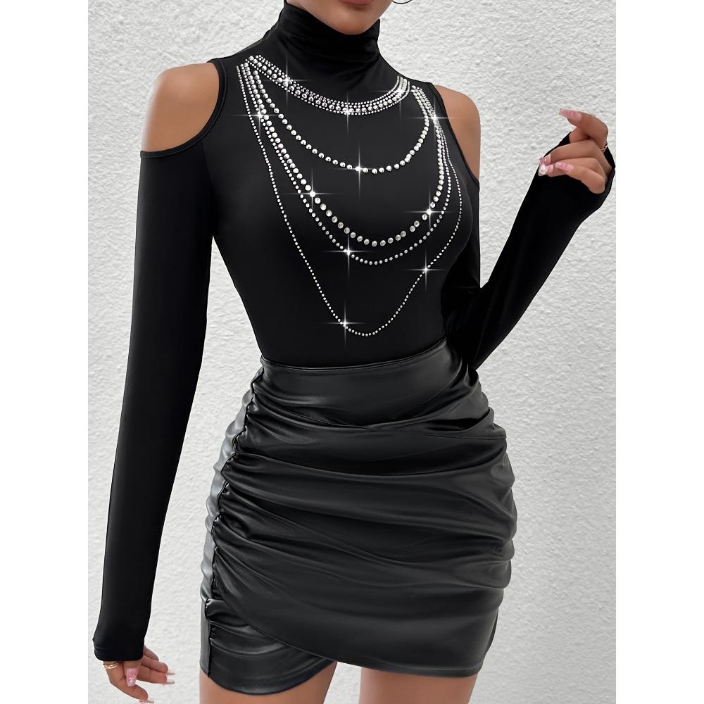 

Женская футболка с высоким воротом, без бретелек, со стразами и открытой внутренней частью XXL чёрный