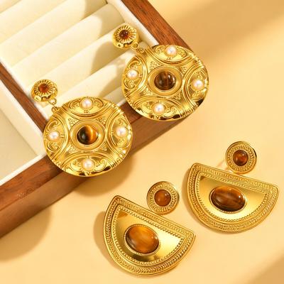 Vintage Ornate Natural Stone Earrings for Women Creative Ethnic Style Earrings Party Textured Disc Luxury Jewelry Gifts