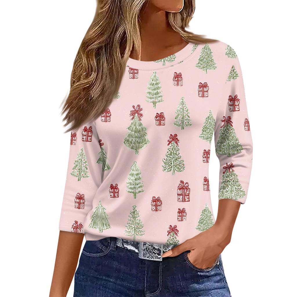 Dame O-hals 3/4 erme Juleprint Topp