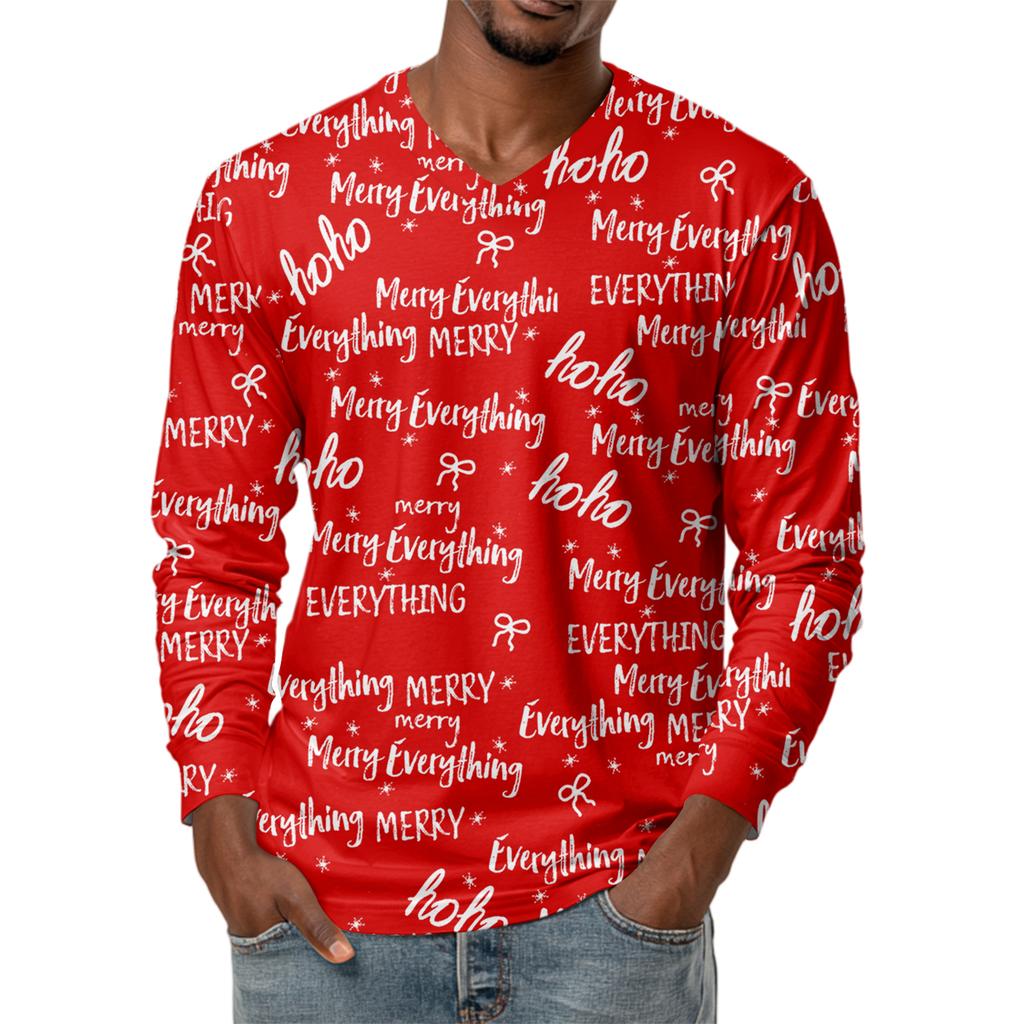 Men's Fashion Printed V-Neck Casual Long-Sleeved T-Shirt Bottoming Shirt Top