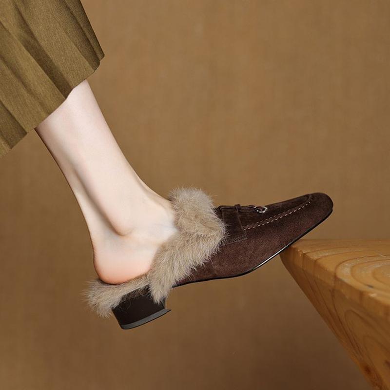 Mote NYE Vintersko Sauesemsket Skinnsko Dame Rund Tå Lav Hæl Skotrekk Tå Slingback Dame Mules Kaninhår Tøfler